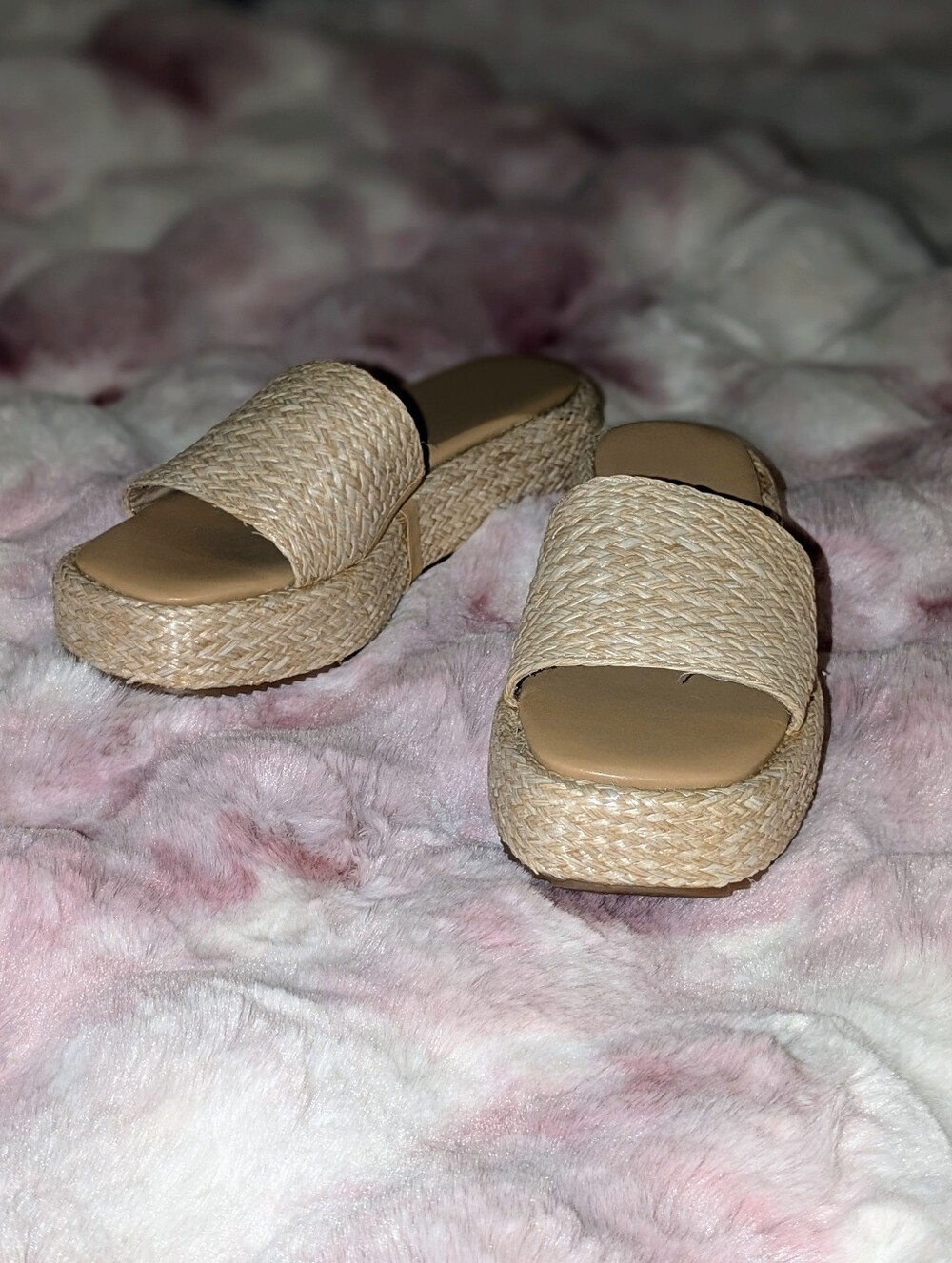Boutique Woven Raffia Straw Platform Slide Sandals Square Toe Espadrille Tan 8.5